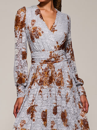 Long Sleeve Printed Lace Midaxi Dress, Blue Floral