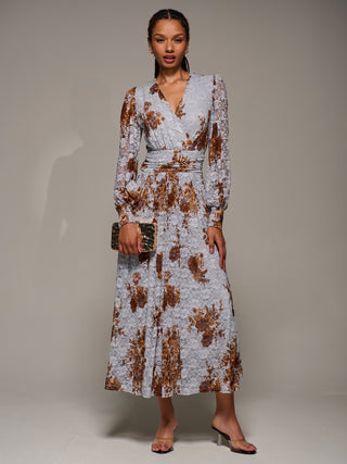 Long Sleeve Printed Lace Midaxi Dress, Blue Floral