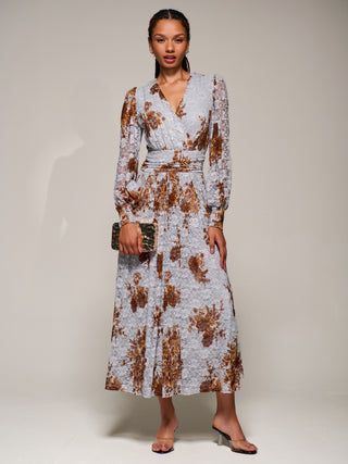Long Sleeve Printed Lace Midaxi Dress, Blue Floral