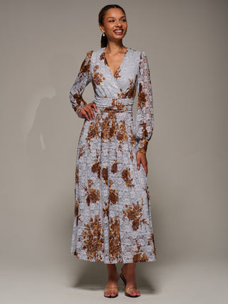 Long Sleeve Printed Lace Midaxi Dress, Blue Floral