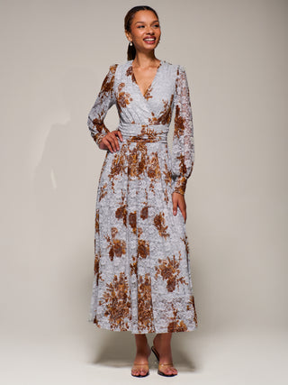 Long Sleeve Printed Lace Midaxi Dress, Blue Floral
