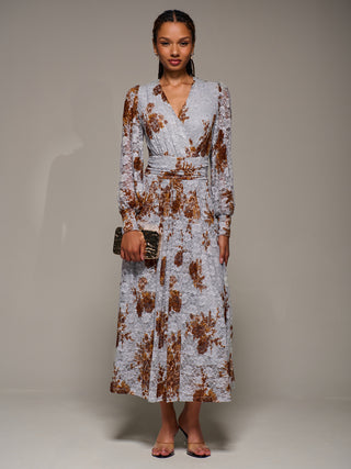 Long Sleeve Printed Lace Midaxi Dress, Blue Floral