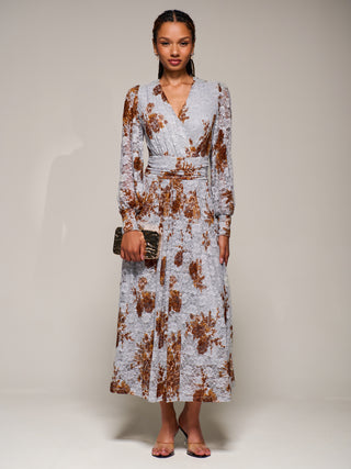 Long Sleeve Printed Lace Midaxi Dress, Blue Floral