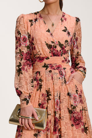 Long Sleeve Printed Lace Midaxi Dress, Coral Floral