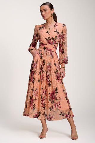Long Sleeve Printed Lace Midaxi Dress, Coral Floral