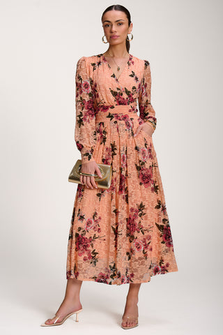Long Sleeve Printed Lace Midaxi Dress, Coral Floral