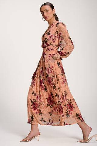 Long Sleeve Printed Lace Midaxi Dress, Coral Floral