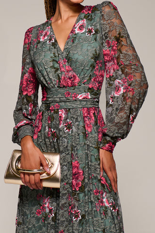 Long Sleeve Printed Lace Midaxi Dress, Green Floral