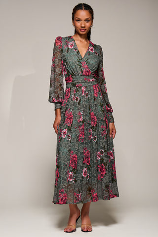 Long Sleeve Printed Lace Midaxi Dress, Green Floral