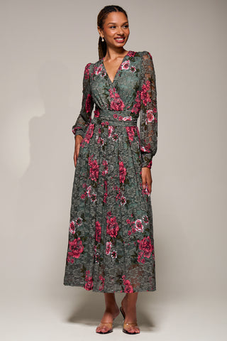Long Sleeve Printed Lace Midaxi Dress, Green Floral