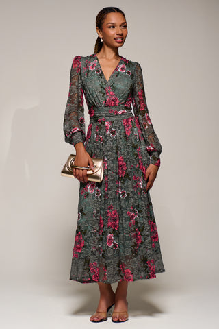 Long Sleeve Printed Lace Midaxi Dress, Green Floral