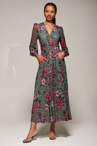 Long Sleeve Printed Lace Midaxi Dress, Green Floral