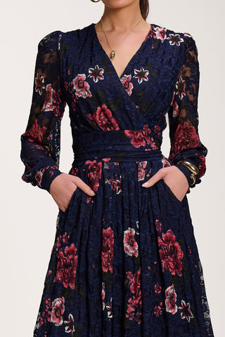 Long Sleeve Printed Lace Midaxi Dress, Navy Floral
