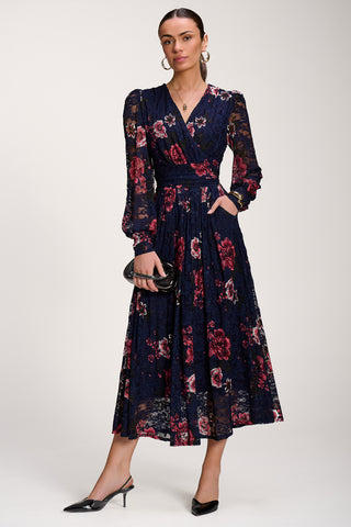 Long Sleeve Printed Lace Midaxi Dress, Navy Floral