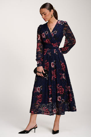 Long Sleeve Printed Lace Midaxi Dress, Navy Floral