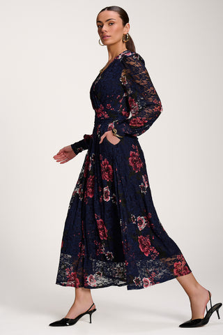 Long Sleeve Printed Lace Midaxi Dress, Navy Floral