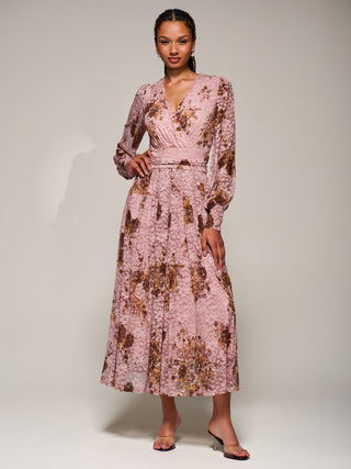 Long Sleeve Printed Lace Midaxi Dress, Pink Floral