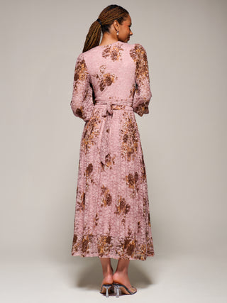 Long Sleeve Printed Lace Midaxi Dress, Pink Floral