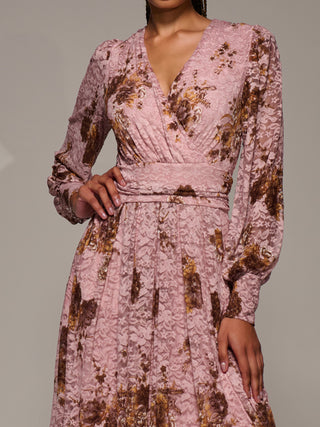 Long Sleeve Printed Lace Midaxi Dress, Pink Floral