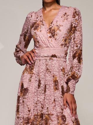 Long Sleeve Printed Lace Midaxi Dress, Pink Floral