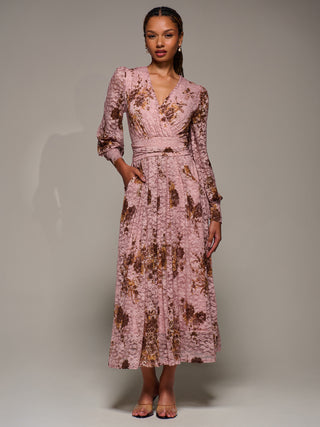 Long Sleeve Printed Lace Midaxi Dress, Pink Floral