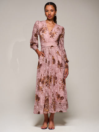 Long Sleeve Printed Lace Midaxi Dress, Pink Floral