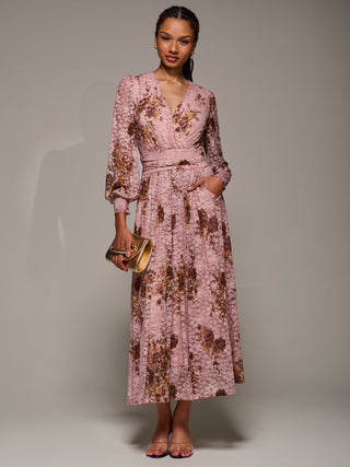 Long Sleeve Printed Lace Midaxi Dress, Pink Floral