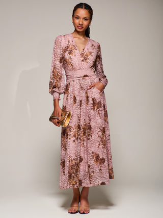 Long Sleeve Printed Lace Midaxi Dress, Pink Floral