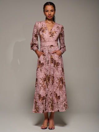 Long Sleeve Printed Lace Midaxi Dress, Pink Floral