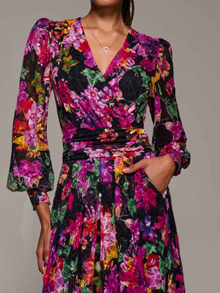 Long Sleeve Printed Lace Midaxi Dress Purple Floral