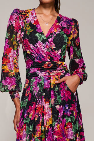 Long Sleeve Printed Lace Midaxi Dress Purple Floral