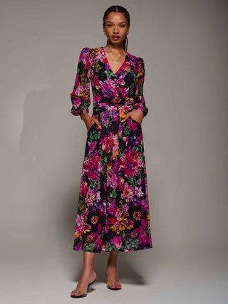 Long Sleeve Printed Lace Midaxi Dress Purple Floral