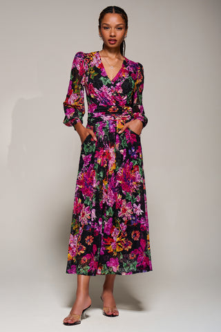 Long Sleeve Printed Lace Midaxi Dress Purple Floral