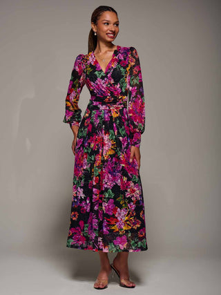 Long Sleeve Printed Lace Midaxi Dress Purple Floral