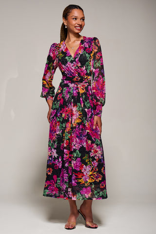 Long Sleeve Printed Lace Midaxi Dress Purple Floral