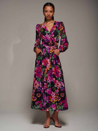 Long Sleeve Printed Lace Midaxi Dress Purple Floral