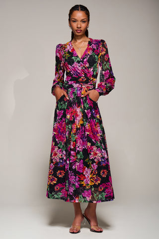 Long Sleeve Printed Lace Midaxi Dress Purple Floral