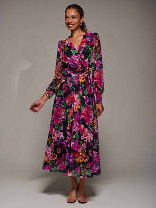 Long Sleeve Printed Lace Midaxi Dress Purple Floral