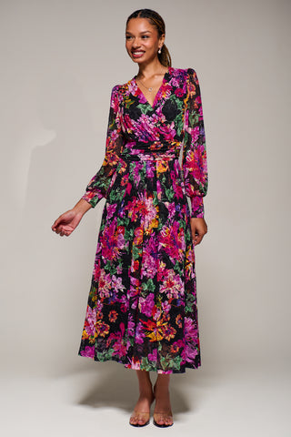 Long Sleeve Printed Lace Midaxi Dress Purple Floral