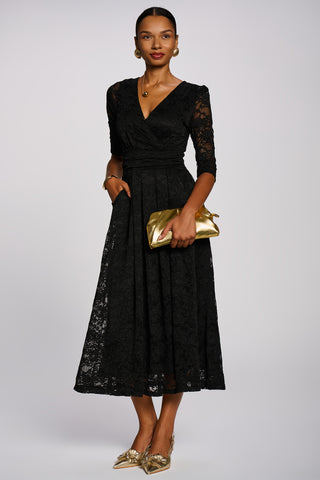 3/4 Sleeve Pleated Lace Maxi Dress, Black