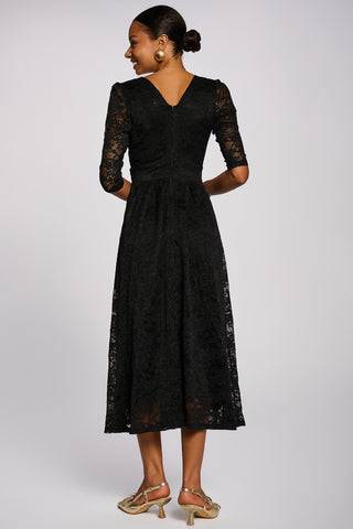 3/4 Sleeve Pleated Lace Maxi Dress, Black