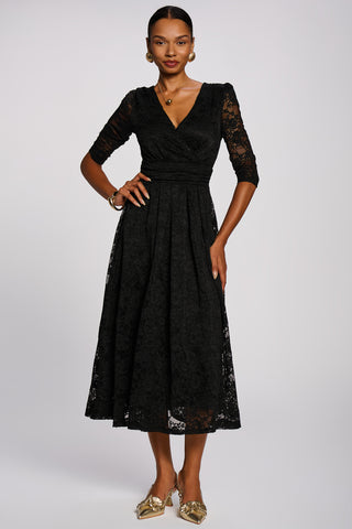 3/4 Sleeve Pleated Lace Maxi Dress, Black