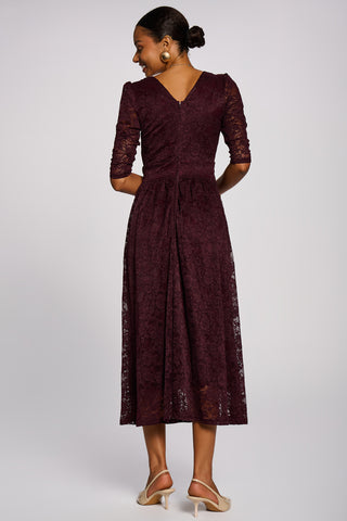 3/4 Sleeve Pleated Lace Maxi Dress, Burgundy