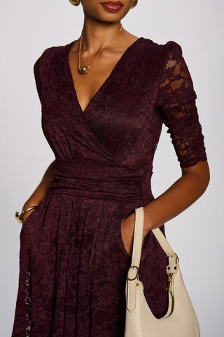 3/4 Sleeve Pleated Lace Maxi Dress, Burgundy