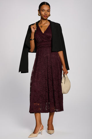 3/4 Sleeve Pleated Lace Maxi Dress, Burgundy