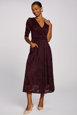 3/4 Sleeve Pleated Lace Maxi Dress, Burgundy