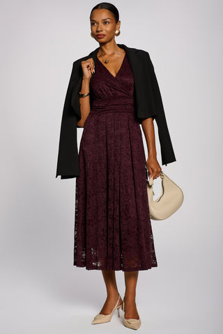 3/4 Sleeve Pleated Lace Maxi Dress, Burgundy