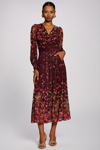 Long Sleeve Printed Lace Maxi Dress, Burgundy Multi
