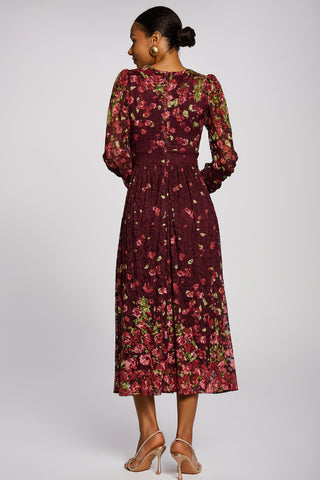 Long Sleeve Printed Lace Maxi Dress, Burgundy Multi