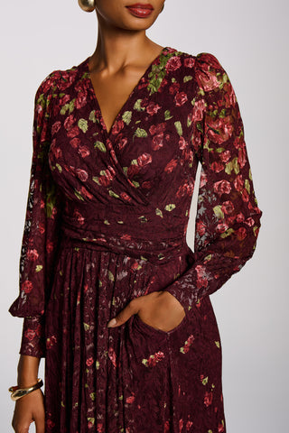 Long Sleeve Printed Lace Maxi Dress, Burgundy Multi